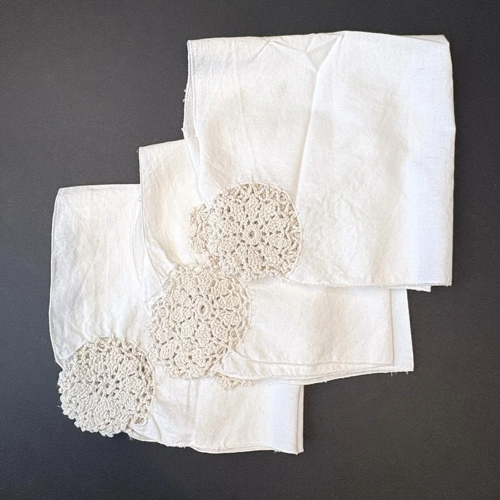 Vintage (3) Cream Square Napkins with Crocheted Doily Edges Cottage Core Grandma